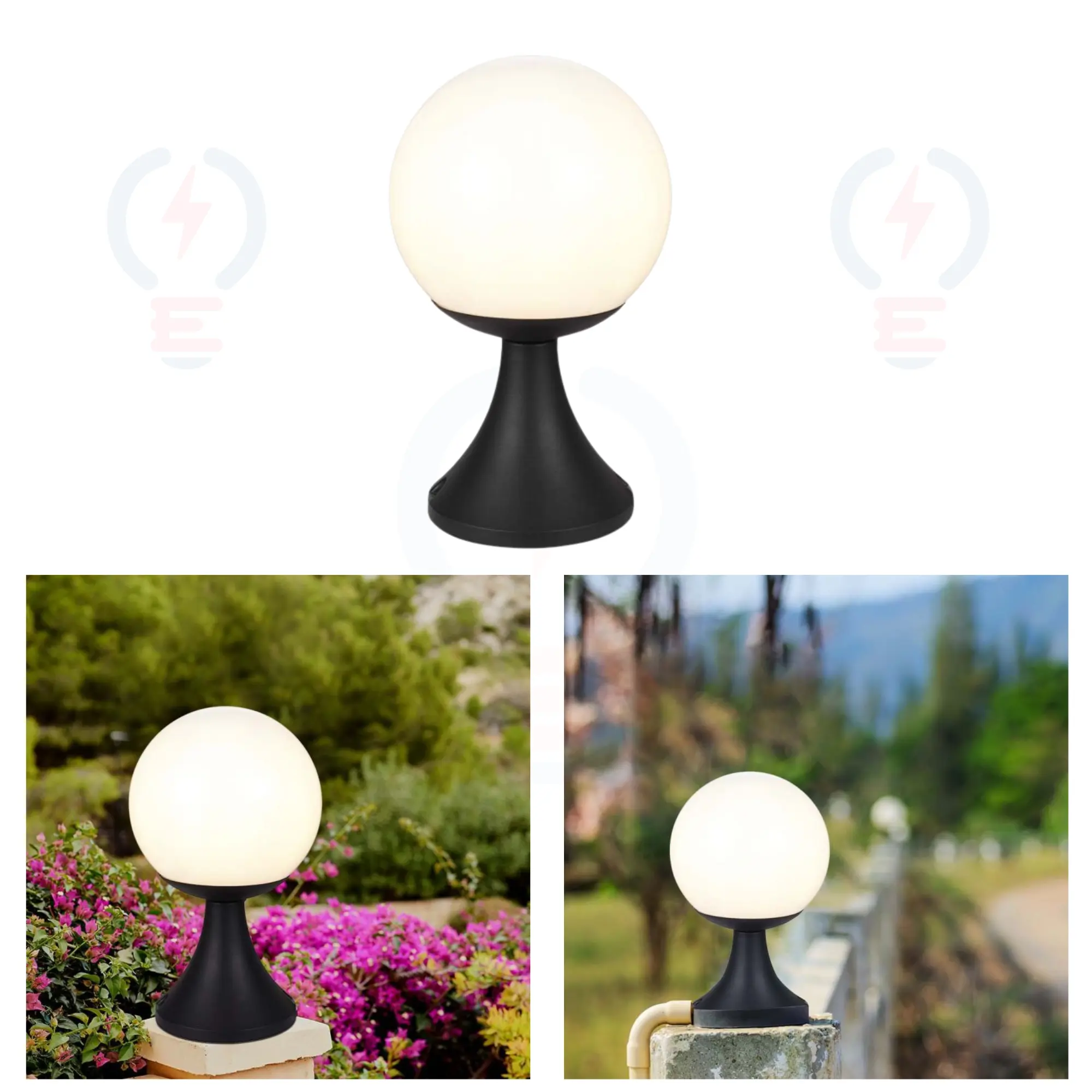 Borne de Jardin V-TAC E27 - Noir Mat & Globe Opale - IP44